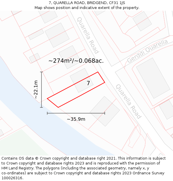 7, QUARELLA ROAD, BRIDGEND, CF31 1JS: Plot and title map