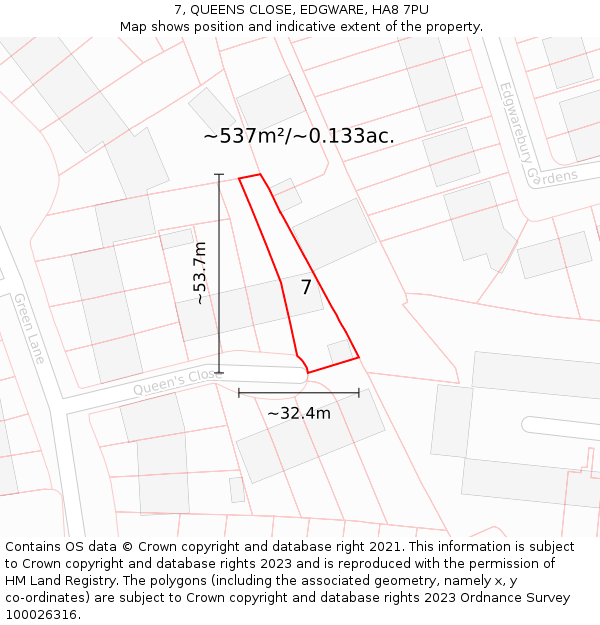 7, QUEENS CLOSE, EDGWARE, HA8 7PU: Plot and title map