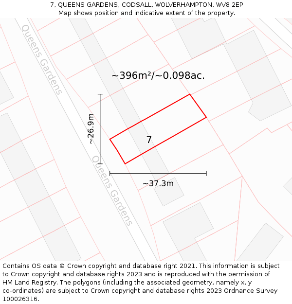 7, QUEENS GARDENS, CODSALL, WOLVERHAMPTON, WV8 2EP: Plot and title map