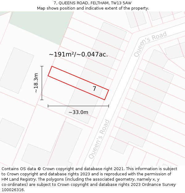7, QUEENS ROAD, FELTHAM, TW13 5AW: Plot and title map