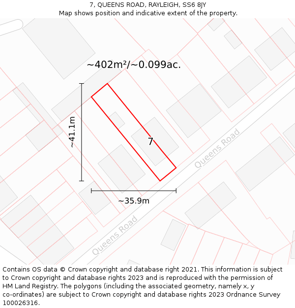 7, QUEENS ROAD, RAYLEIGH, SS6 8JY: Plot and title map