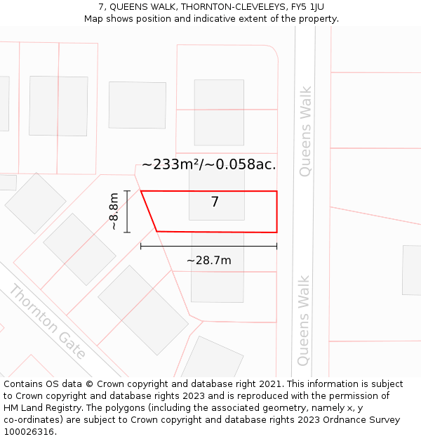 7, QUEENS WALK, THORNTON-CLEVELEYS, FY5 1JU: Plot and title map