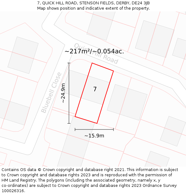 7, QUICK HILL ROAD, STENSON FIELDS, DERBY, DE24 3JB: Plot and title map