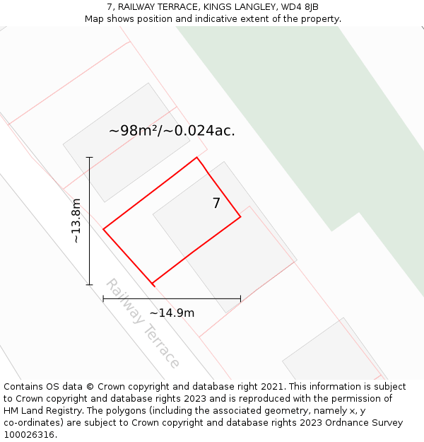 7, RAILWAY TERRACE, KINGS LANGLEY, WD4 8JB: Plot and title map