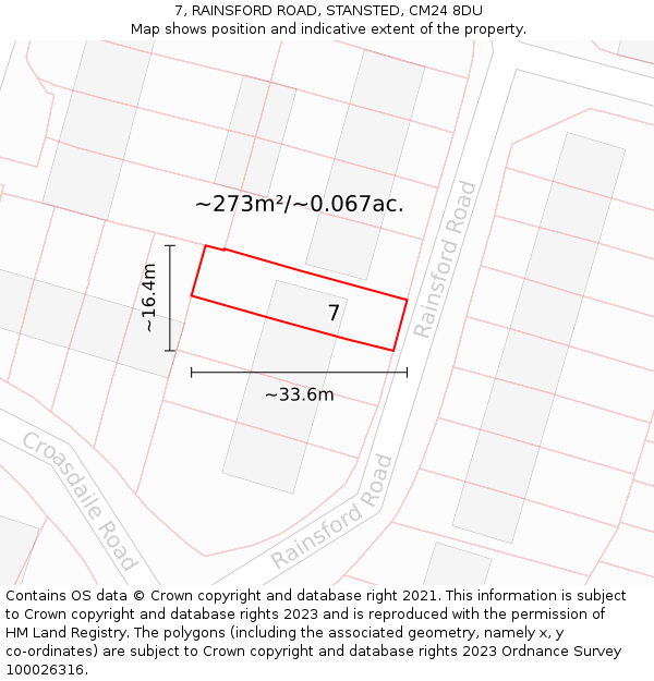 7, RAINSFORD ROAD, STANSTED, CM24 8DU: Plot and title map