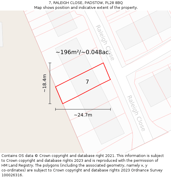 7, RALEIGH CLOSE, PADSTOW, PL28 8BQ: Plot and title map
