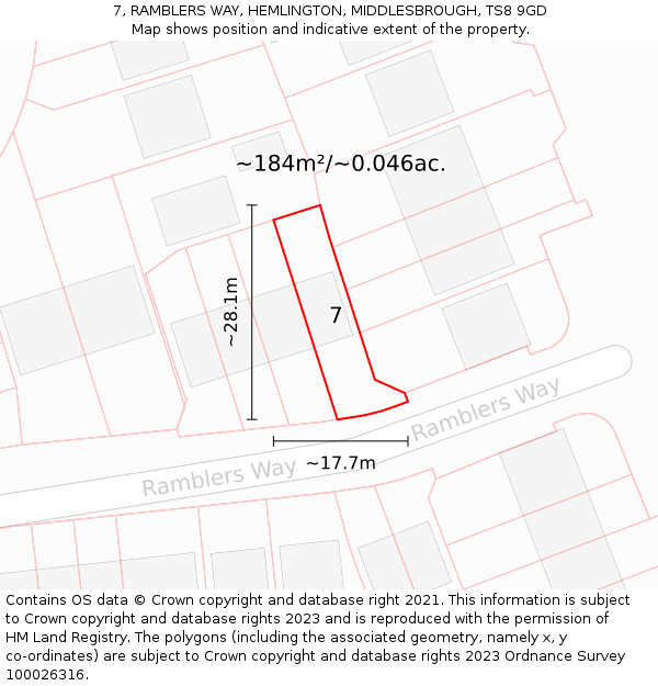 7, RAMBLERS WAY, HEMLINGTON, MIDDLESBROUGH, TS8 9GD: Plot and title map