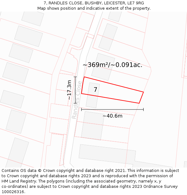 7, RANDLES CLOSE, BUSHBY, LEICESTER, LE7 9RG: Plot and title map