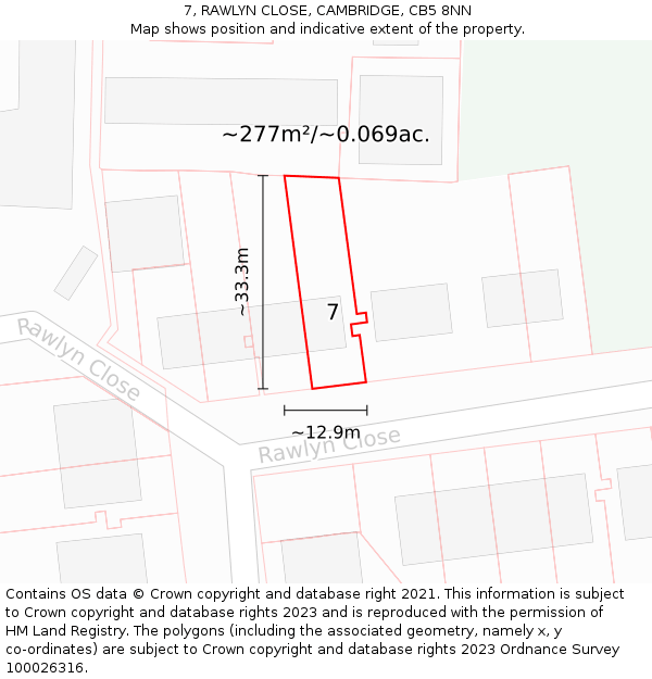 7, RAWLYN CLOSE, CAMBRIDGE, CB5 8NN: Plot and title map