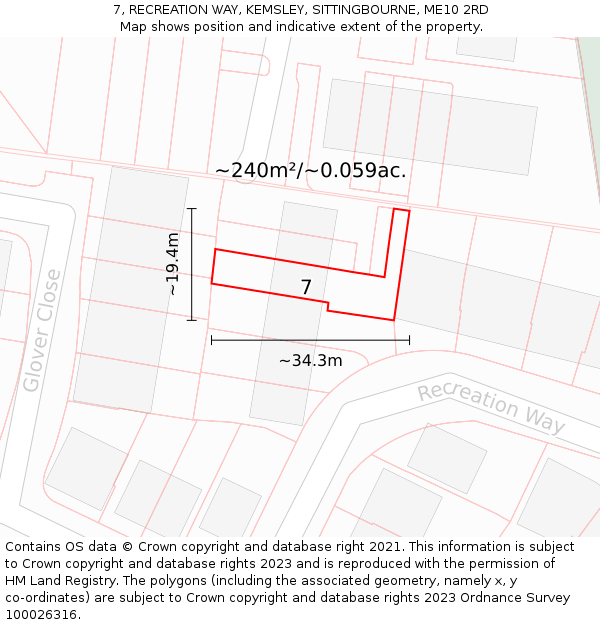 7, RECREATION WAY, KEMSLEY, SITTINGBOURNE, ME10 2RD: Plot and title map