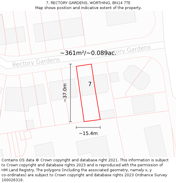 7, RECTORY GARDENS, WORTHING, BN14 7TE: Plot and title map