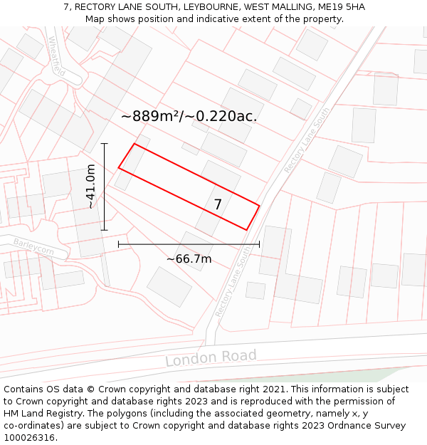 7, RECTORY LANE SOUTH, LEYBOURNE, WEST MALLING, ME19 5HA: Plot and title map