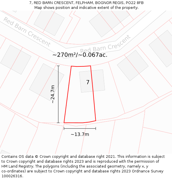 7, RED BARN CRESCENT, FELPHAM, BOGNOR REGIS, PO22 8FB: Plot and title map