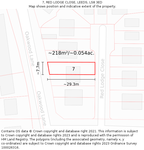 7, RED LODGE CLOSE, LEEDS, LS8 3ED: Plot and title map