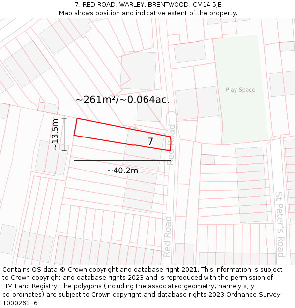 7, RED ROAD, WARLEY, BRENTWOOD, CM14 5JE: Plot and title map