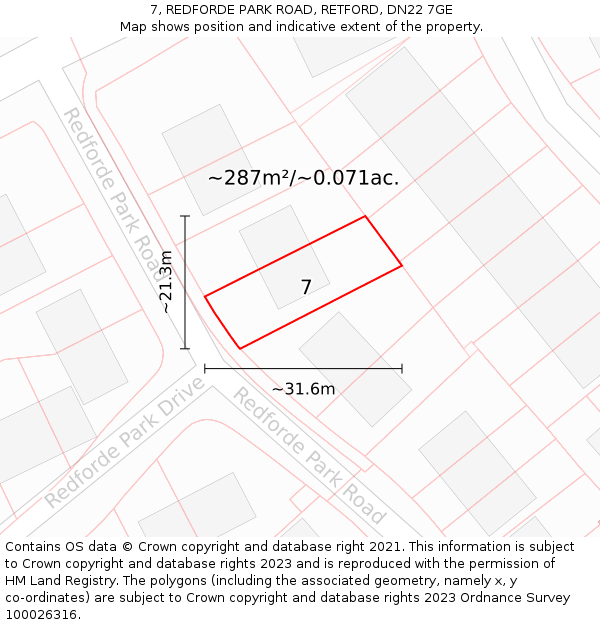 7, REDFORDE PARK ROAD, RETFORD, DN22 7GE: Plot and title map