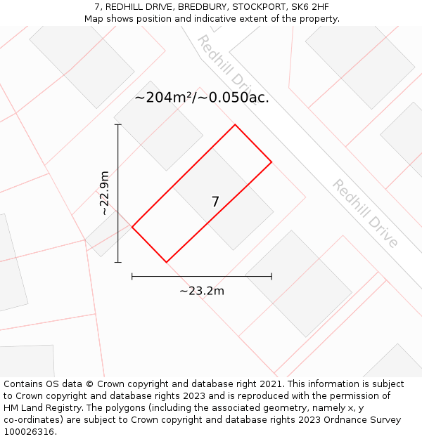 7, REDHILL DRIVE, BREDBURY, STOCKPORT, SK6 2HF: Plot and title map