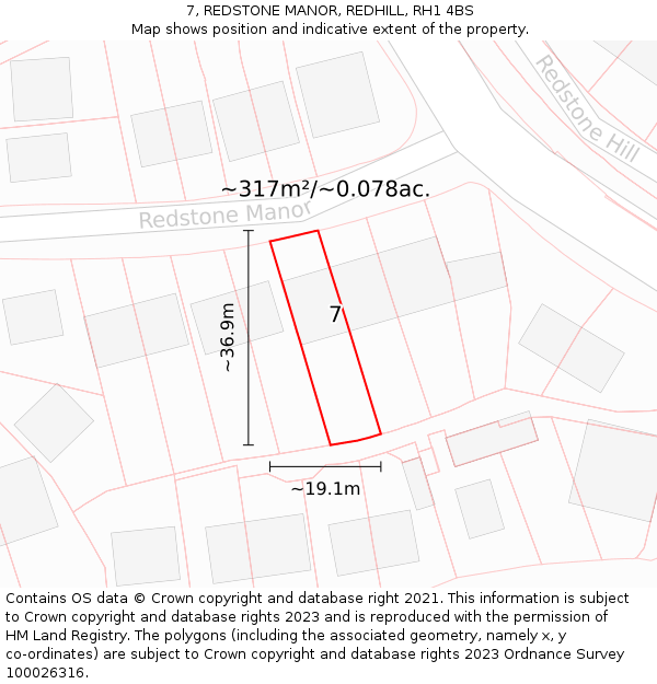 7, REDSTONE MANOR, REDHILL, RH1 4BS: Plot and title map