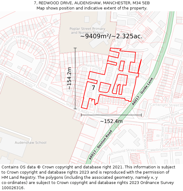 7, REDWOOD DRIVE, AUDENSHAW, MANCHESTER, M34 5EB: Plot and title map