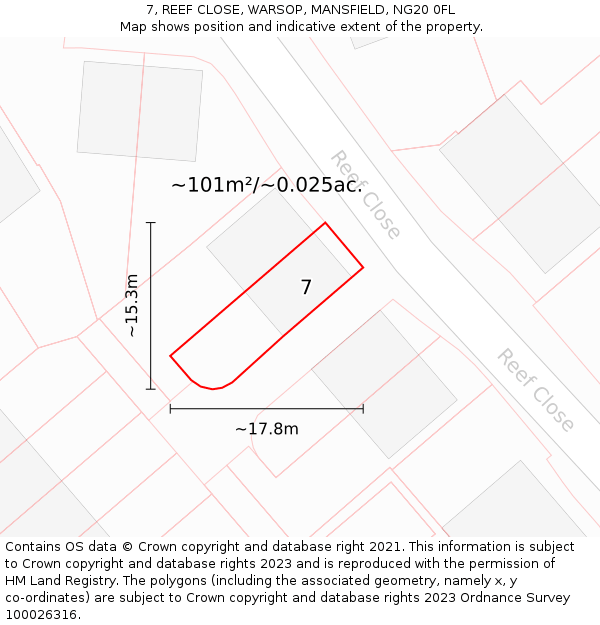 7, REEF CLOSE, WARSOP, MANSFIELD, NG20 0FL: Plot and title map