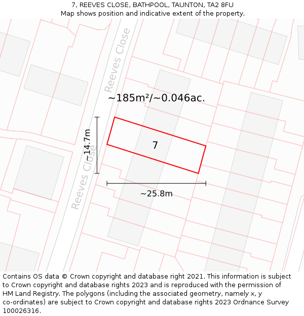 7, REEVES CLOSE, BATHPOOL, TAUNTON, TA2 8FU: Plot and title map