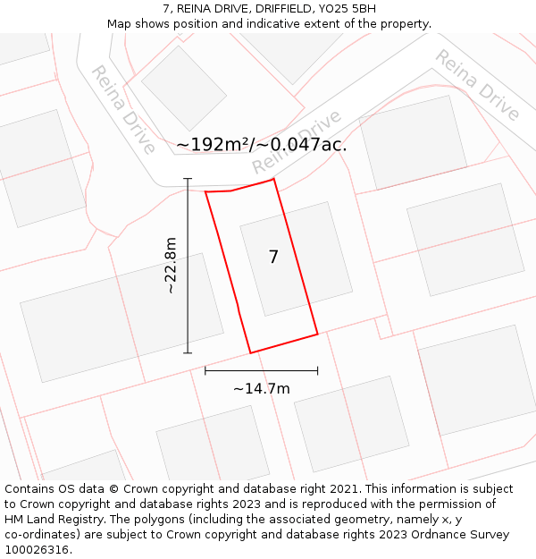7, REINA DRIVE, DRIFFIELD, YO25 5BH: Plot and title map