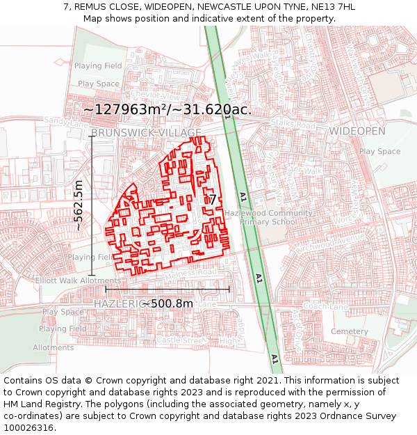 7, REMUS CLOSE, WIDEOPEN, NEWCASTLE UPON TYNE, NE13 7HL: Plot and title map