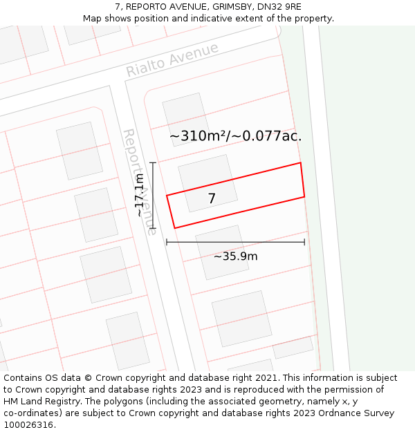 7, REPORTO AVENUE, GRIMSBY, DN32 9RE: Plot and title map