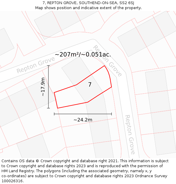 7, REPTON GROVE, SOUTHEND-ON-SEA, SS2 6SJ: Plot and title map