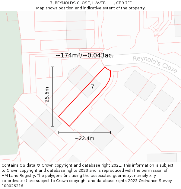 7, REYNOLDS CLOSE, HAVERHILL, CB9 7FF: Plot and title map