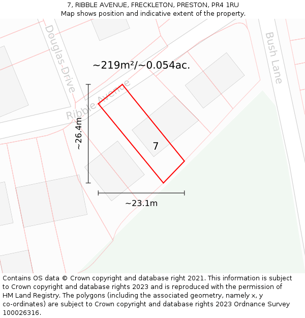 7, RIBBLE AVENUE, FRECKLETON, PRESTON, PR4 1RU: Plot and title map
