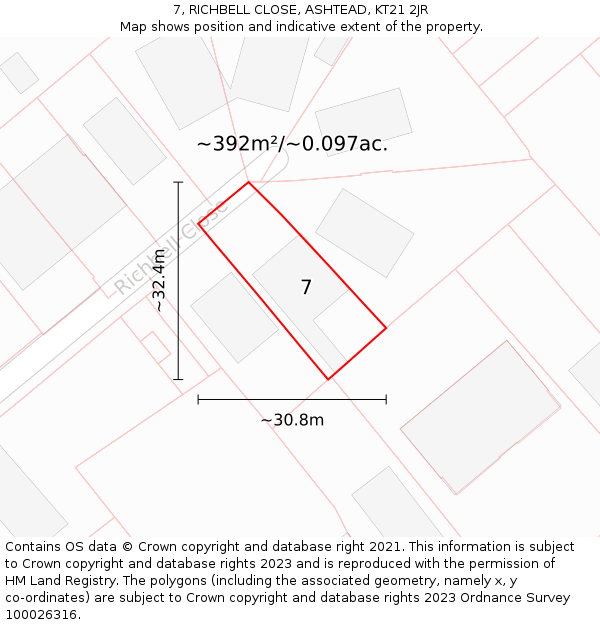 7, RICHBELL CLOSE, ASHTEAD, KT21 2JR: Plot and title map