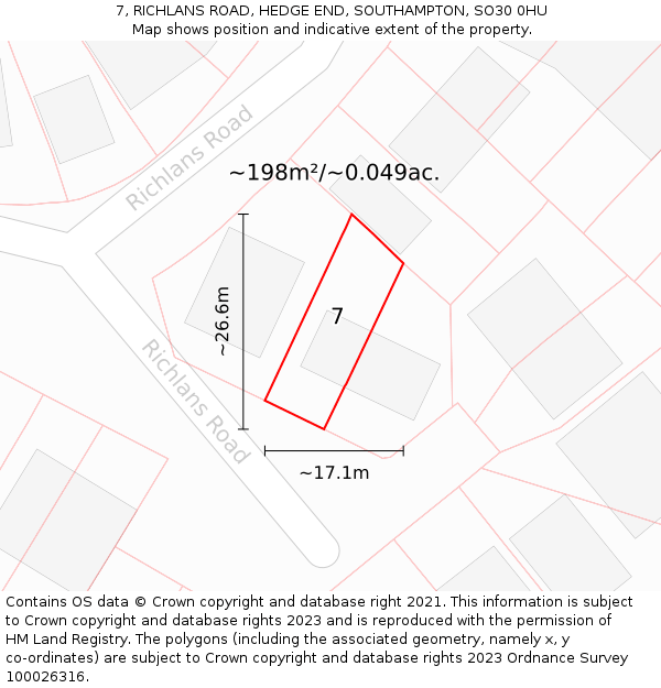 7, RICHLANS ROAD, HEDGE END, SOUTHAMPTON, SO30 0HU: Plot and title map