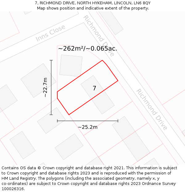 7, RICHMOND DRIVE, NORTH HYKEHAM, LINCOLN, LN6 8QY: Plot and title map