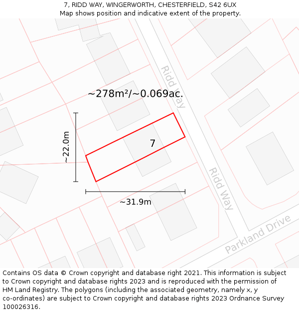 7, RIDD WAY, WINGERWORTH, CHESTERFIELD, S42 6UX: Plot and title map