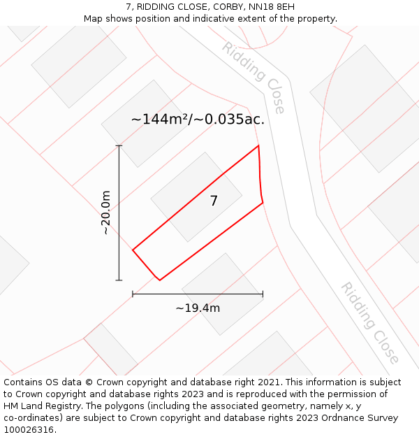 7, RIDDING CLOSE, CORBY, NN18 8EH: Plot and title map