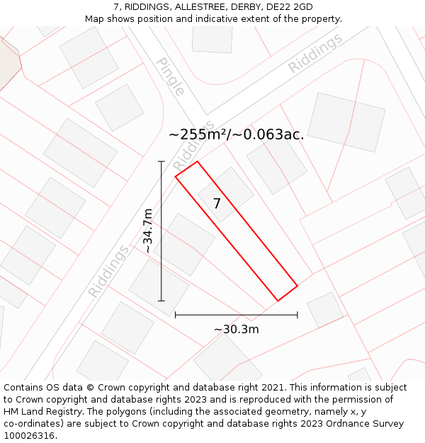 7, RIDDINGS, ALLESTREE, DERBY, DE22 2GD: Plot and title map
