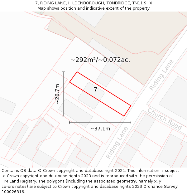 7, RIDING LANE, HILDENBOROUGH, TONBRIDGE, TN11 9HX: Plot and title map