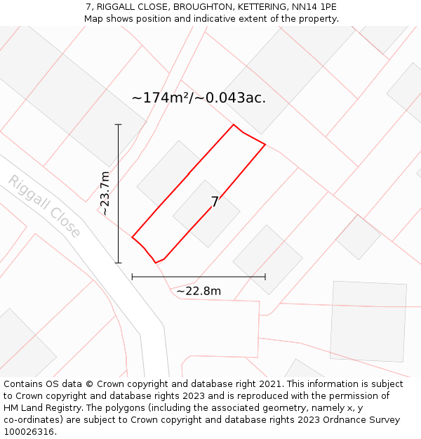 7, RIGGALL CLOSE, BROUGHTON, KETTERING, NN14 1PE: Plot and title map