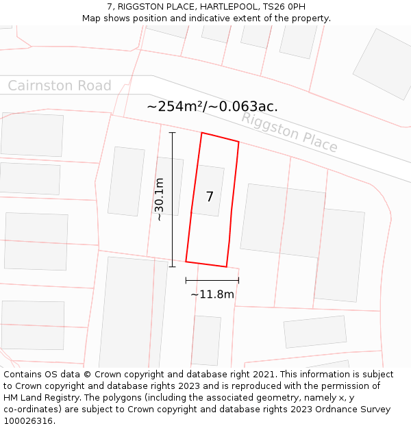 7, RIGGSTON PLACE, HARTLEPOOL, TS26 0PH: Plot and title map