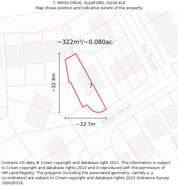 7, RIPON DRIVE, SLEAFORD, NG34 8UF: Plot and title map