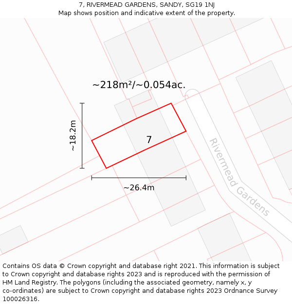 7, RIVERMEAD GARDENS, SANDY, SG19 1NJ: Plot and title map
