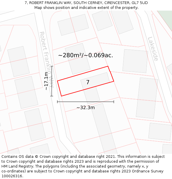 7, ROBERT FRANKLIN WAY, SOUTH CERNEY, CIRENCESTER, GL7 5UD: Plot and title map