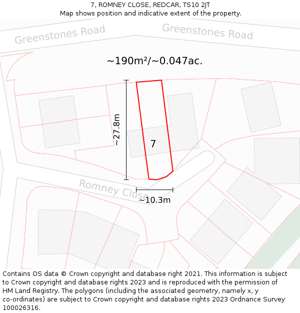 7, ROMNEY CLOSE, REDCAR, TS10 2JT: Plot and title map