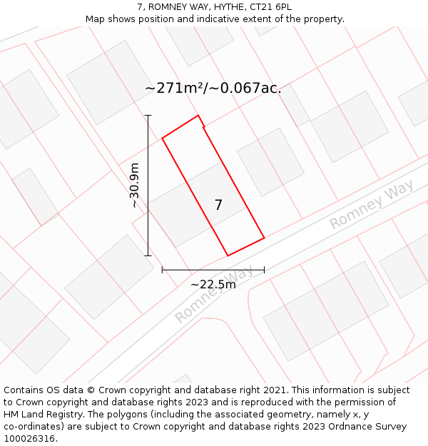7, ROMNEY WAY, HYTHE, CT21 6PL: Plot and title map