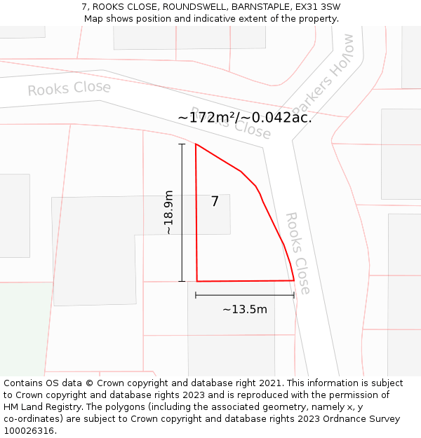 7, ROOKS CLOSE, ROUNDSWELL, BARNSTAPLE, EX31 3SW: Plot and title map