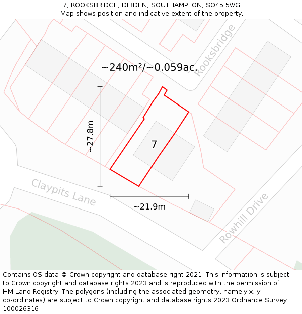 7, ROOKSBRIDGE, DIBDEN, SOUTHAMPTON, SO45 5WG: Plot and title map