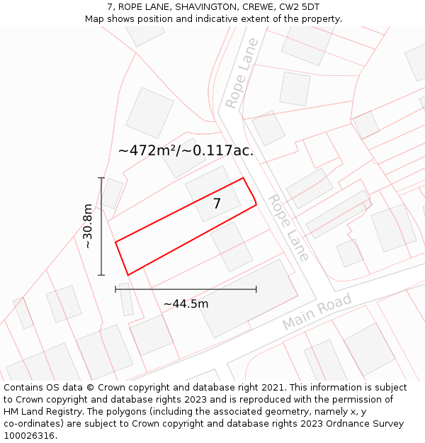 7, ROPE LANE, SHAVINGTON, CREWE, CW2 5DT: Plot and title map