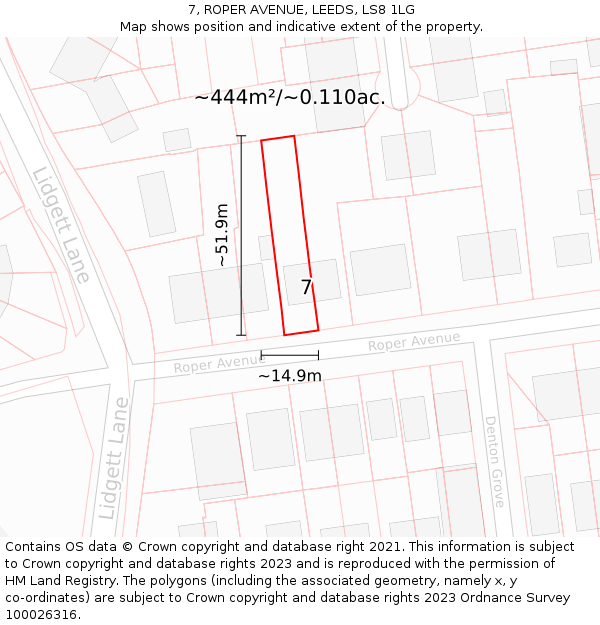 7, ROPER AVENUE, LEEDS, LS8 1LG: Plot and title map
