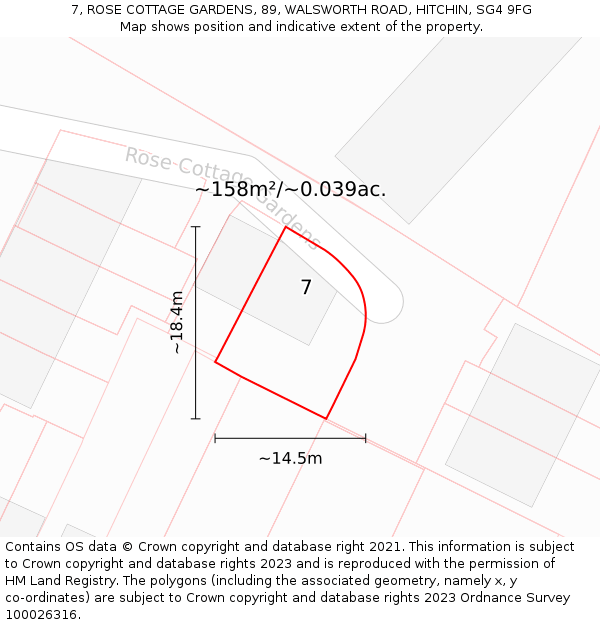 7, ROSE COTTAGE GARDENS, 89, WALSWORTH ROAD, HITCHIN, SG4 9FG: Plot and title map
